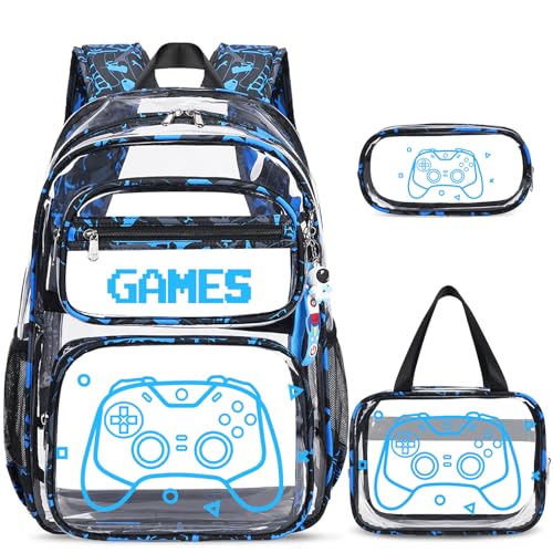 ACESAK Clear Backpack for Boys 3 Pcs Game Clear Backpack Heavy Duty with Lunch Bag See Through Bookbag Stadium Approved for Kids Middle High College School Travel Blue Print Game - Image 1