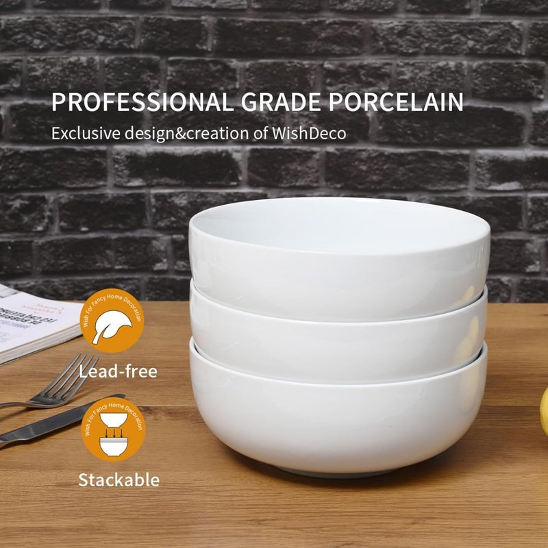 WishDeco Large Soup Bowls Set of 3, Ceramic Salad Bowls 1100 ml / 37 oz, Pasta Bowls ∅18 cm / 7 inch, White Serving Bowl for Cereal, Noodle Ramen, Fruit, Dessert - Image 4