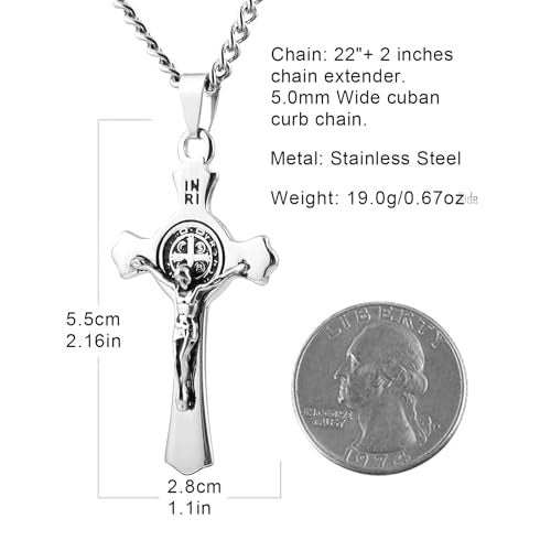 HZMAN Stainless Steel Saint St St. Benedict Crucifix Cross Pendants Necklace INRI (Silver) - Image 3