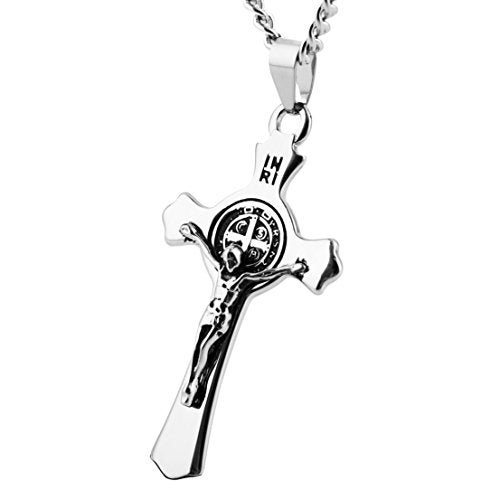 HZMAN Stainless Steel Saint St St. Benedict Crucifix Cross Pendants Necklace INRI (Silver) - Image 1