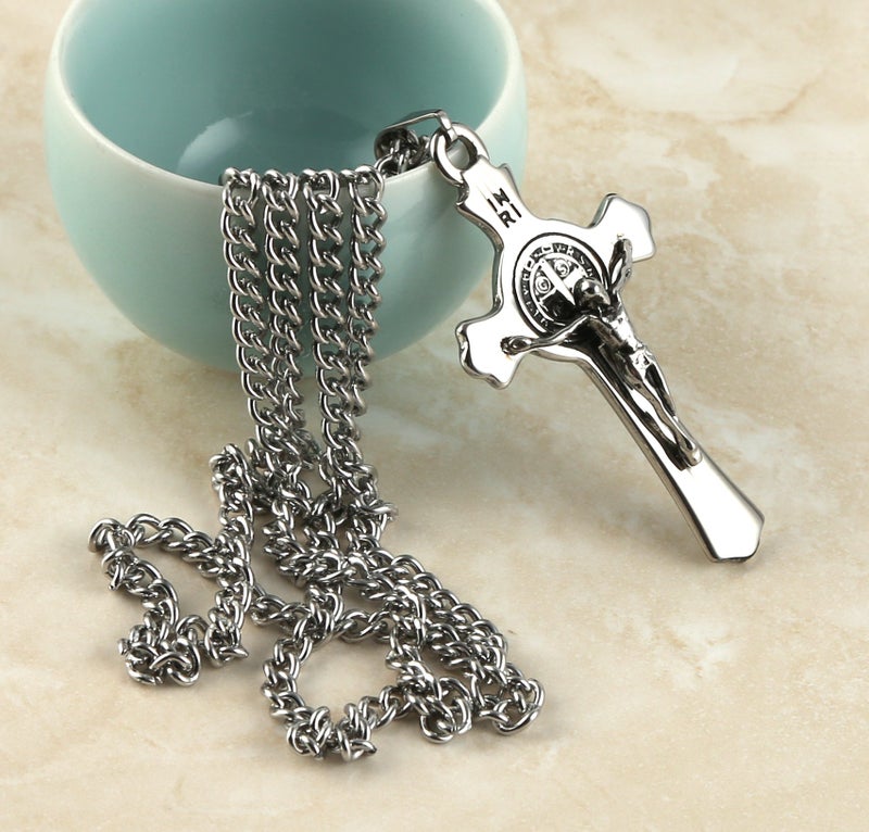 HZMAN Stainless Steel Saint St St. Benedict Crucifix Cross Pendants Necklace INRI (Silver) - Image 4