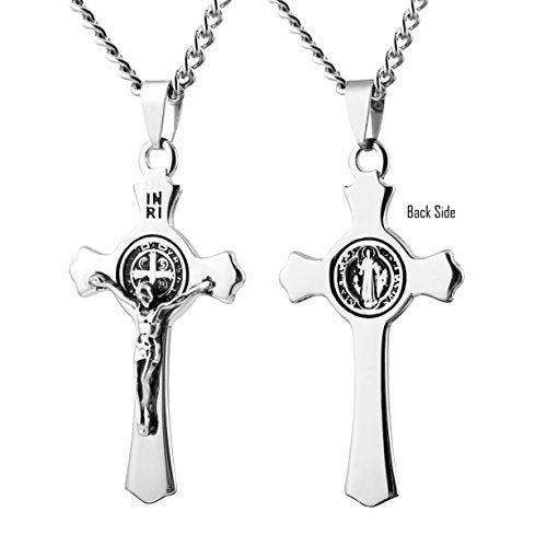 HZMAN Stainless Steel Saint St St. Benedict Crucifix Cross Pendants Necklace INRI (Silver) - Image 2