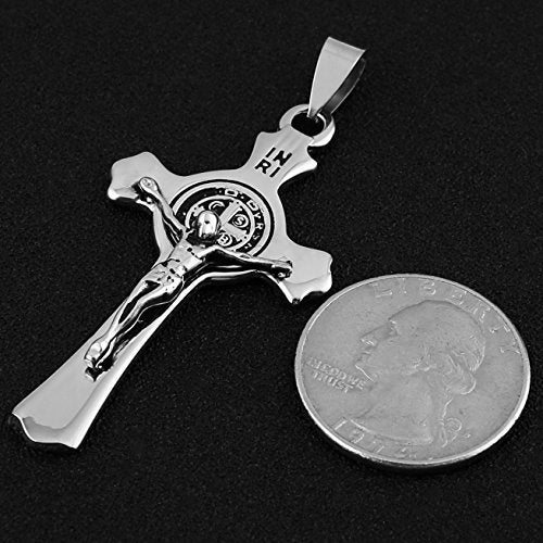 HZMAN Stainless Steel Saint St St. Benedict Crucifix Cross Pendants Necklace INRI (Silver) - Image 5
