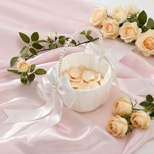 Happyiren Wedding Flower Girl Basket - Elegant Pearl Handle with Bow Decoration, Ivory Color - 5.1" Diameter, Perfect for Flower Girls, Weddings, and Parties - Image 3