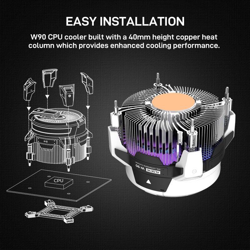 ALSEYE W90 CPU Cooler, Temperature Displayed CPU Cooler for Small Size PC Case with Powerful 90mm ARGB Lighting Fan and 40mm High-Performance Heat Column Inside (W90 Intel Version) - Image 4