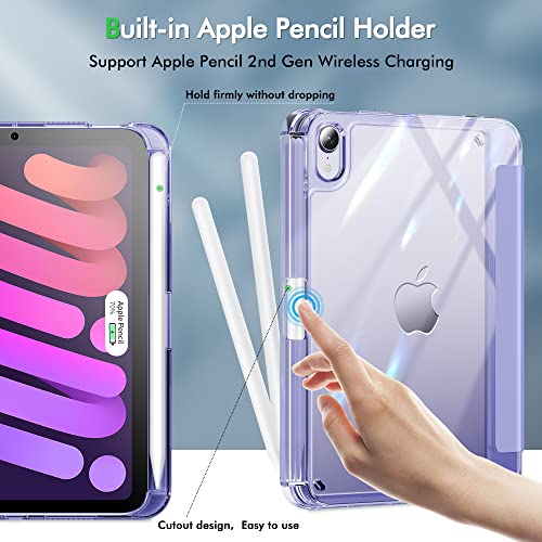 Infiland حافظة INFILAND لجهاز iPad mini 7، حافظة لجهاز iPad mini الجيل السابع (A17 Pro) / الجيل السادس 8.3 بوصة 2024/2021، ظهر شفاف وغطاء واقي من جلد PU مع دعم لحامل القلم وشحن لاسلكي، بنفسجي - Image 4
