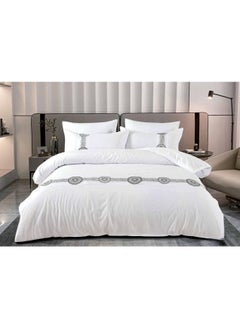 llwoo Premium 400 Thread Count Cotton King Size Quilt Cover Set - Luxurious Sateen Weave Printer Striped Bedding with Hidden Zipper Closure - Includes 4 Pillow Cases (White, 220*240 cm) 