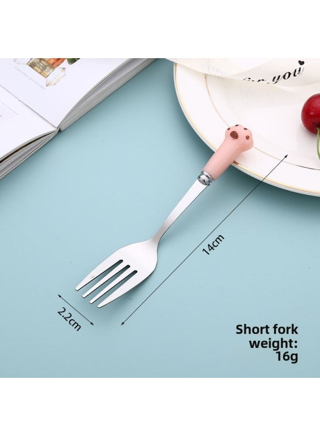 Imitation Ceramic Cartoon Cat's Claw Stainless Steel Spoon Creative Tableware Fork Children Cute Dining Spoon Household Wholesale-Color:Pink-Short Fork - Image 1