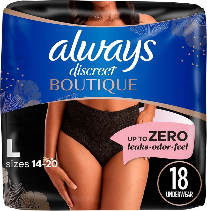 Always Discreet Always Discreet Boutique Incontinence and Postpartum Underwear for Women, Maximum Protection, L, Black, 18 Count (Packaging May Vary) 