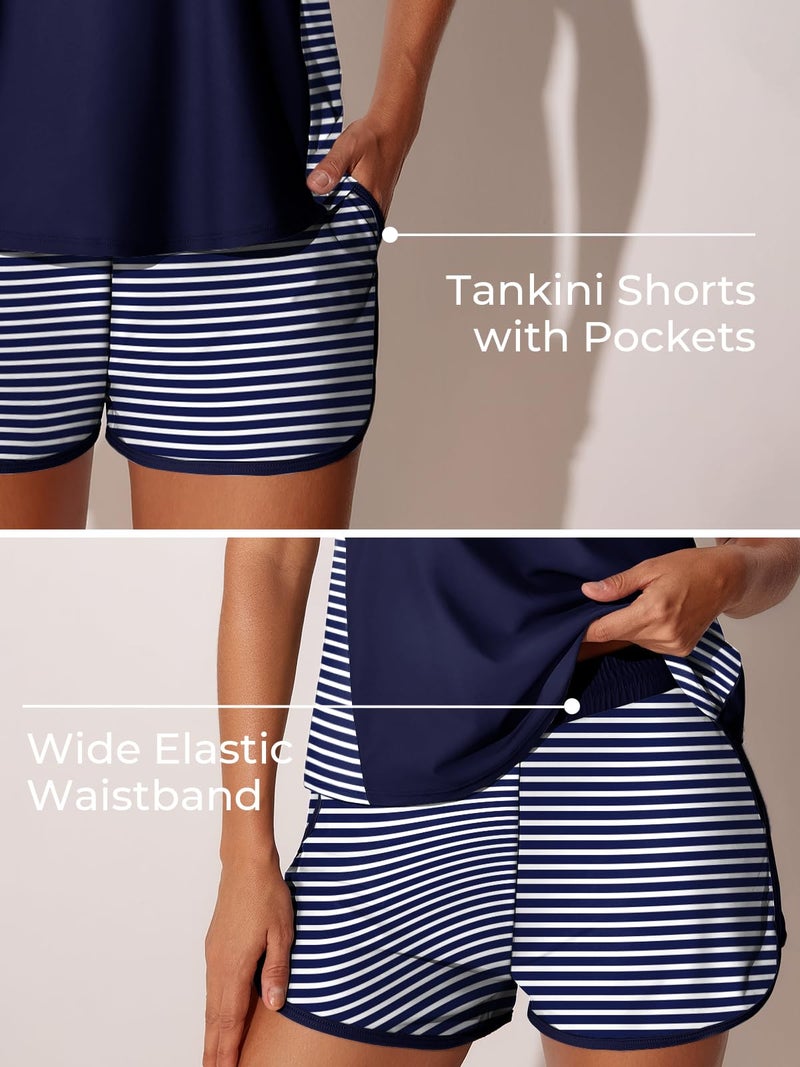 Summer Mae Blouson Tankini Swimsuits for Women 2026 Tummy Control Two Piece Bathing Suits with Sporty Pockets Swim Shorts Blue and White Stripes Size 14 - Image 4