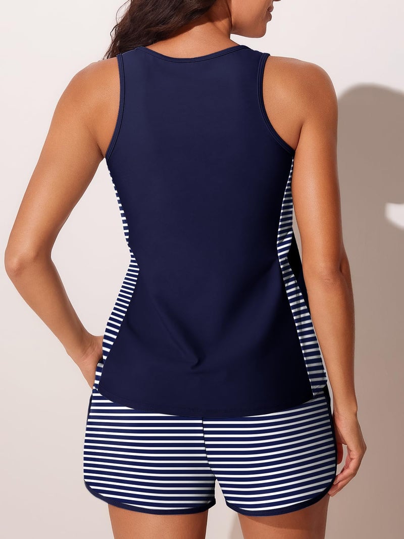Summer Mae Blouson Tankini Swimsuits for Women 2026 Tummy Control Two Piece Bathing Suits with Sporty Pockets Swim Shorts Blue and White Stripes Size 14 - Image 2