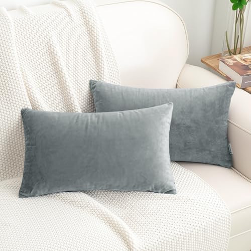 HWY 50 Gray Grey Velvet Rectangular Throw Pillow Covers 12x20 Inch, Pack of 2 Soft Cozy Solid Decorative Luxury Cushion Cases for Couch Sofa Bed Living Room Bedroom - Image 1