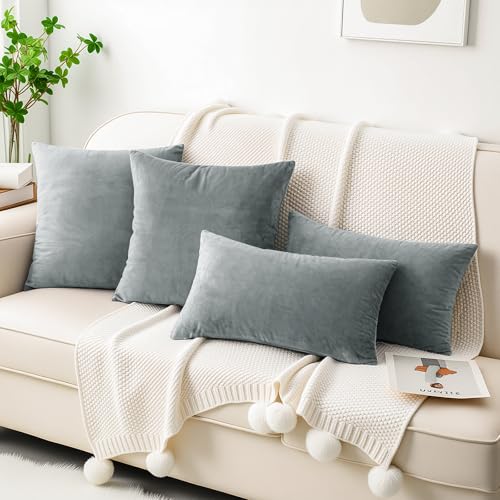 HWY 50 Gray Grey Velvet Rectangular Throw Pillow Covers 12x20 Inch, Pack of 2 Soft Cozy Solid Decorative Luxury Cushion Cases for Couch Sofa Bed Living Room Bedroom - Image 2