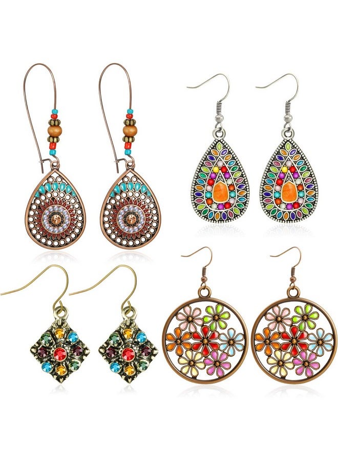 meekoo 4 Pairs Bohemian Vintage Dangle Earrings Retro Rhinestone Earrings Boho Dangle Drop Earrings For Women Girls (Style A)  - Image 1