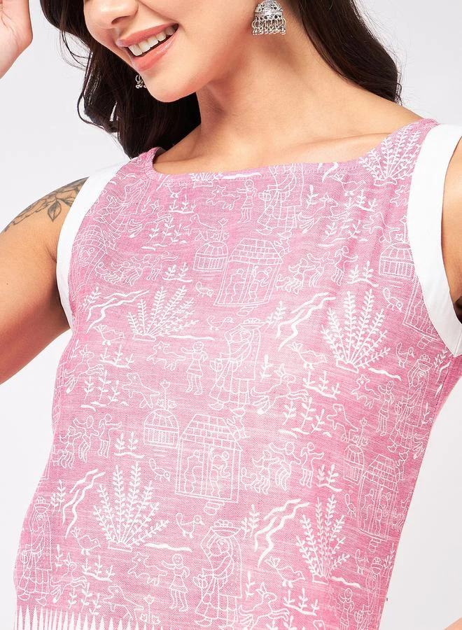 Take Two  Pink Sleeveless Printed Chambray Kurta By Pannkh for Women | Best Price UAE