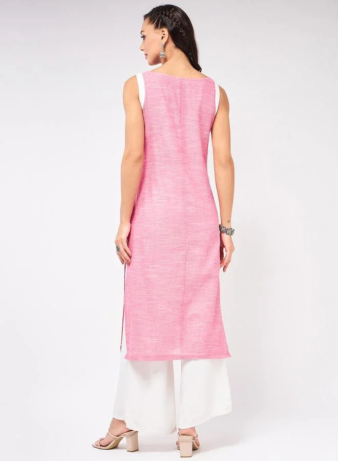 Take Two  Pink Sleeveless Printed Chambray Kurta By Pannkh for Women | Best Price UAE