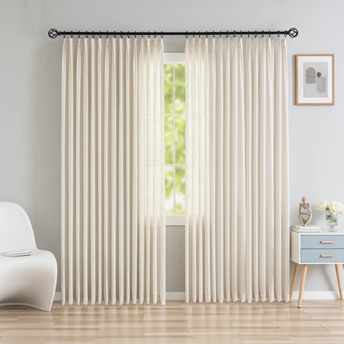 FAUX LINEN LIGHT FILTERING PINCH PLEATED CURTAINS FOR LIVING ROOM SEMI SHEER PINCH PLEATED DRAPES WITH TIEBACK AND HOOKS 1 PANEL 84 W X 84 L