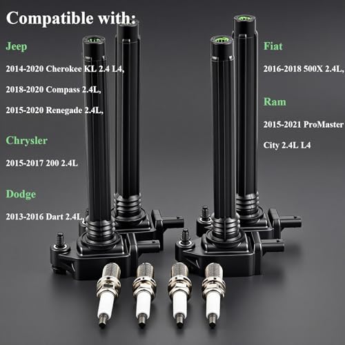 TTpartmoto 4Pcs Ignition Coil Pack & Spark Plugs Fits for 2.4 L4 2014-2019 Jeep Cherokee Compass Renegade Chrysler 200 Dodge Dart Fiat 500X Ram ProMaster City Replace# 68242286AA UF754 GN10738 5C2113 UF751 4469 - Image 2