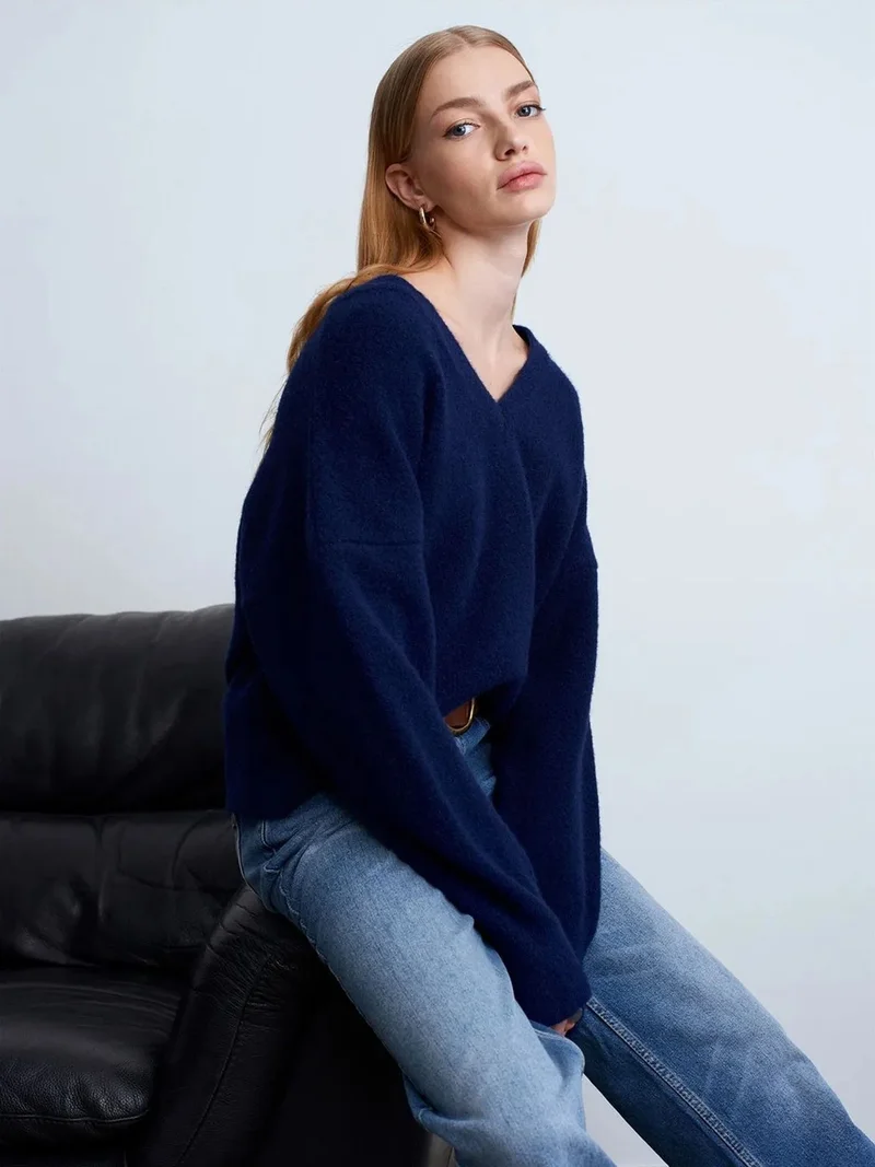 ديلفين DILVIN Women's V-neck Ribbed Knit Sweater