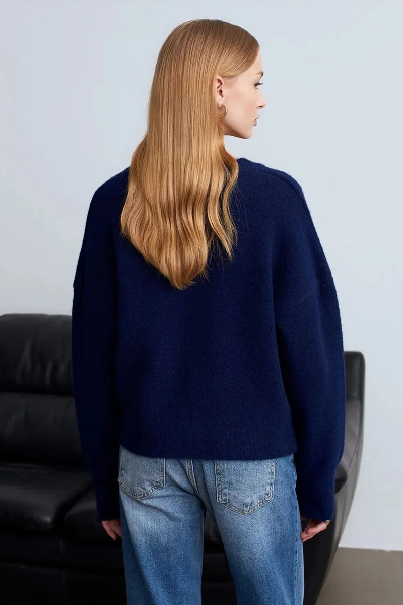 Dilvin Navy Blue DILVIN Women's V-neck Ribbed Knit Sweater for Women | Best Price UAE