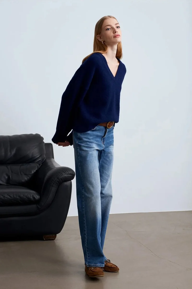 Dilvin Navy Blue DILVIN Women's V-neck Ribbed Knit Sweater for Women | Best Price UAE