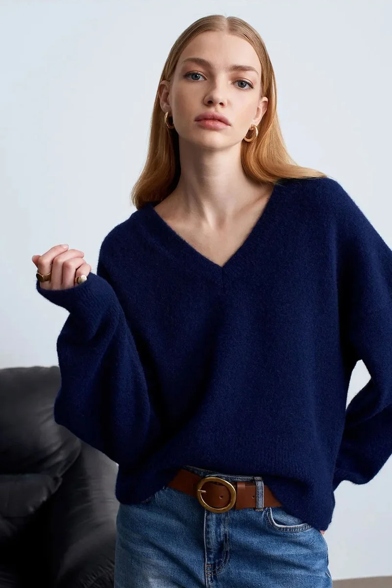 Dilvin Navy Blue DILVIN Women's V-neck Ribbed Knit Sweater for Women | Best Price UAE