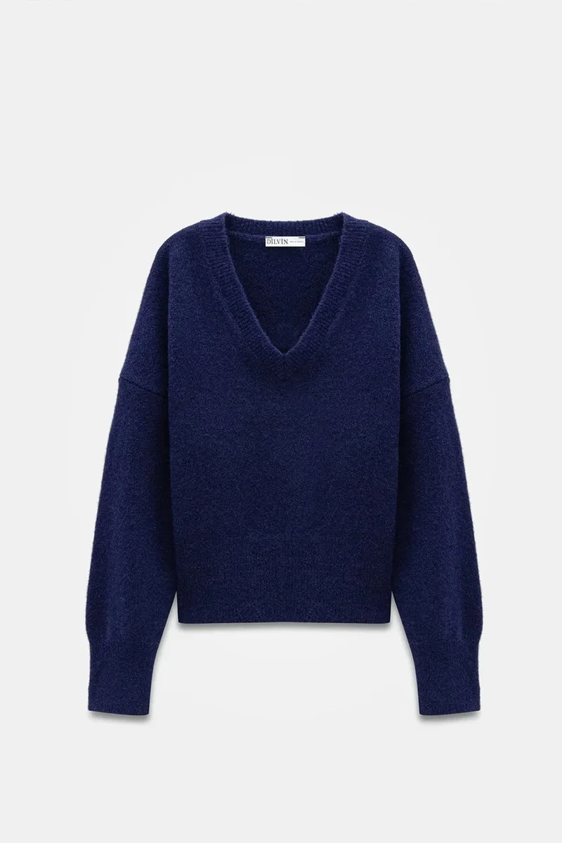 Dilvin Navy Blue DILVIN Women's V-neck Ribbed Knit Sweater for Women | Best Price UAE
