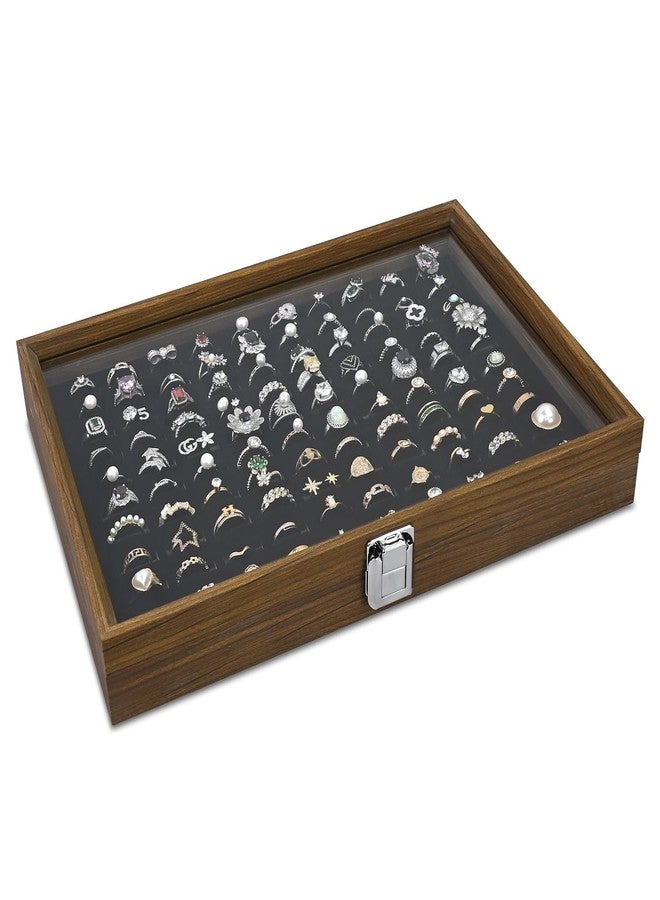 MOOCA Ring Box Jewelry Display Tray, Display Case Accessories Storage Box with Tempered Glass Hinge Lid, Black Lined Jewelry Tray for Rings, Walnut/Black Color, 14.1W x 10.2D x 2.1H in - Image 1