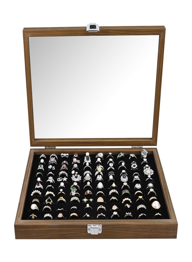 MOOCA Ring Box Jewelry Display Tray, Display Case Accessories Storage Box with Tempered Glass Hinge Lid, Black Lined Jewelry Tray for Rings, Walnut/Black Color, 14.1W x 10.2D x 2.1H in - Image 3