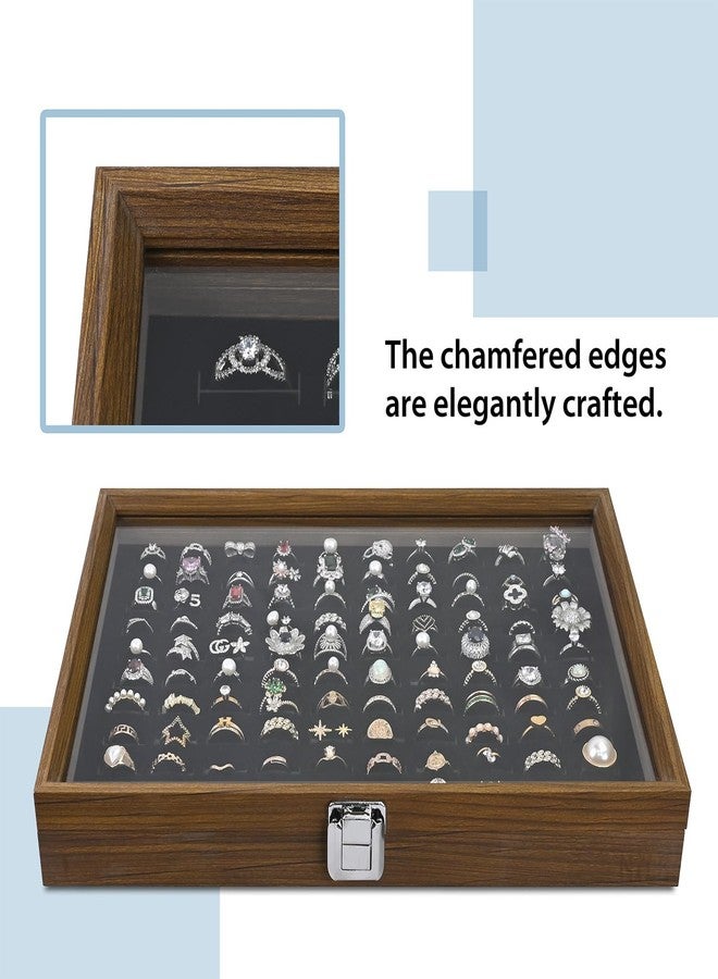 MOOCA Ring Box Jewelry Display Tray, Display Case Accessories Storage Box with Tempered Glass Hinge Lid, Black Lined Jewelry Tray for Rings, Walnut/Black Color, 14.1W x 10.2D x 2.1H in - Image 4