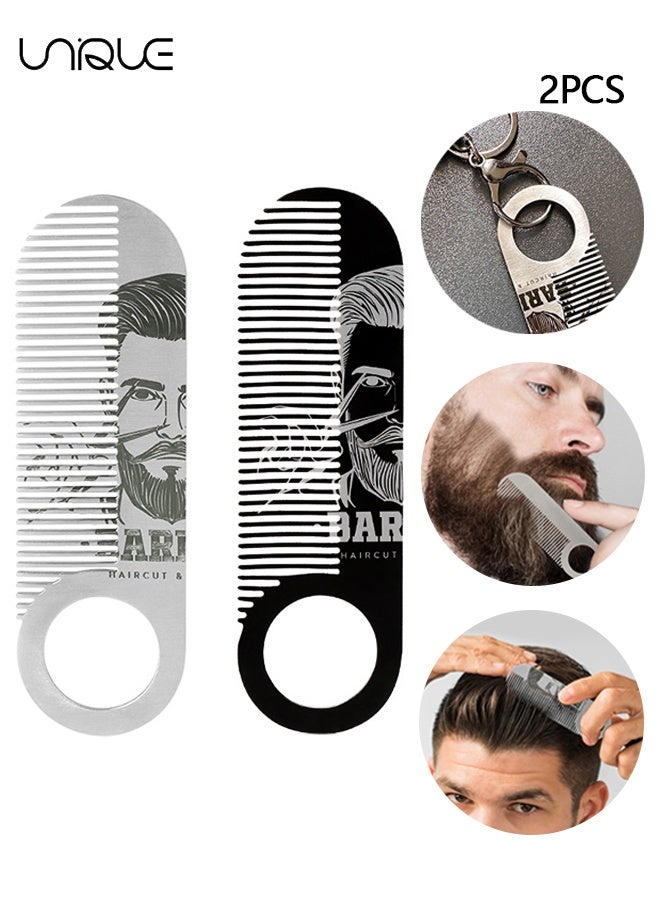 يونيك 2 قطعة مشط تصفيف اللحية للرجال - مشط لحية محمول للرجال - مشط لحية من الفولاذ المقاوم للصدأ - للحية والشارب والشعر - للسفر والاستخدام اليومي - أسود / فضي - Image 1