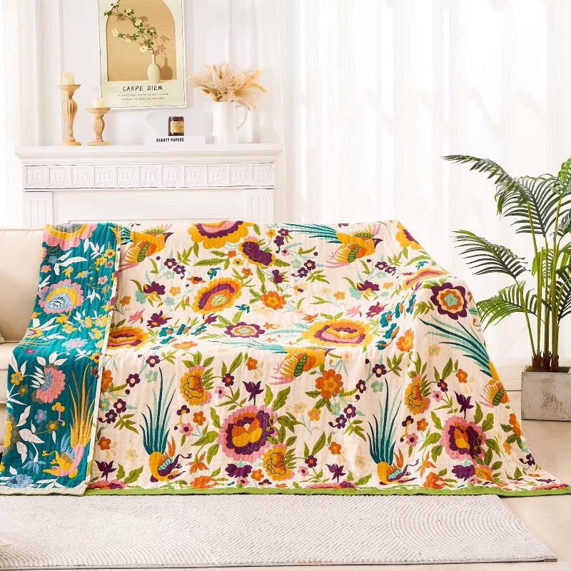 XIBLC Boho Throw Blanket for Bed, 100% Cotton Soft Rustic Quilt Fall Blanket, 60"x80" Floral Printed Farmhouse Decor Bed Blankets, All Season Rustic Reversible Bohemian Throw Quilt - Image 2