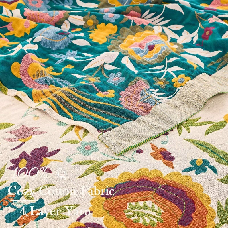 XIBLC Boho Throw Blanket for Bed, 100% Cotton Soft Rustic Quilt Fall Blanket, 60"x80" Floral Printed Farmhouse Decor Bed Blankets, All Season Rustic Reversible Bohemian Throw Quilt - Image 3