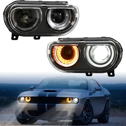 POKIAUTO LED Headlights for Dodge Challenger 2008-2014 Accessories, Full LED Projector Head Lamp with Halo White DRL HI/LO Beam Amber Turn Signal, Plug-and-play, Bulbs Included, 2PCS - Image 1
