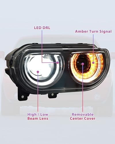 POKIAUTO LED Headlights for Dodge Challenger 2008-2014 Accessories, Full LED Projector Head Lamp with Halo White DRL HI/LO Beam Amber Turn Signal, Plug-and-play, Bulbs Included, 2PCS - Image 3