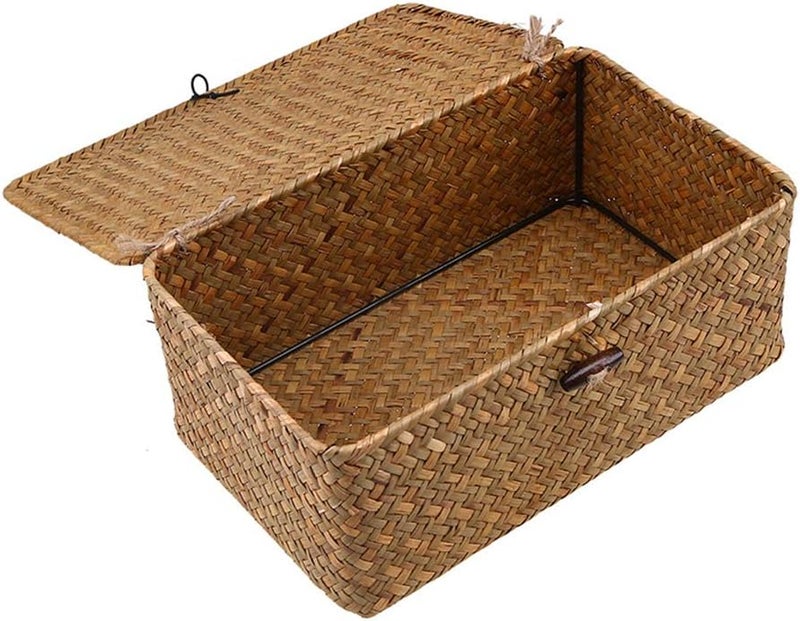 Esoes Leakproof sealed Wicker Storage Basket Woven Rattan Storage Box With Lids Seagrass Laundry Baskets Makeup Organizer For Bathroom, Living Room, Kitchen (M) Compact trendy practical build - Image 1