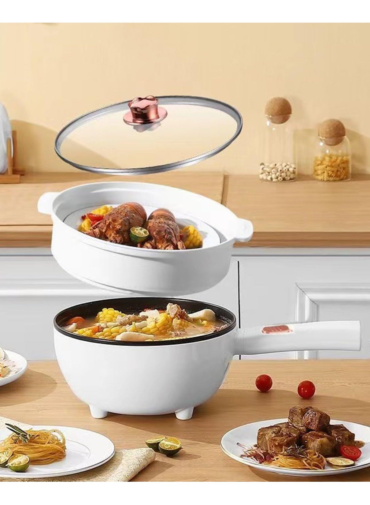 Electric Hot Pot 4.0L Non-Stick Electric Cooker with Steamer, 3 Levels Fires Adjustable Electric Skillet, Frying Pan, Shabu, Electric Pot for Noodles, Egg, Streak, Sauté, for Dorm Office Family
