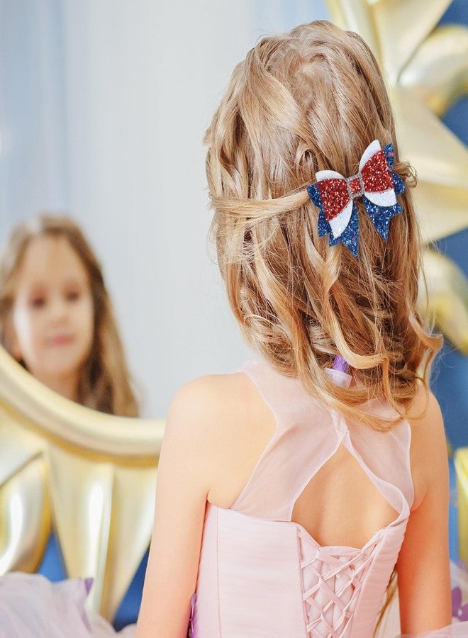 ميروكش مشابك شعر على شكل فيونكات وطنية للبنات، مزينة بترتر لامع باللون الأحمر والأبيض والأزرق، مثالية للاحتفال بيوم الاستقلال الأمريكي. تُضفي لمسة من البهجة على إطلالتك في حفلات عيد الاستقلال وحفلات الكريسماس. إكسسوار أنيق وهدية رائعة. طولها 3.5 بوصة. - Image 5