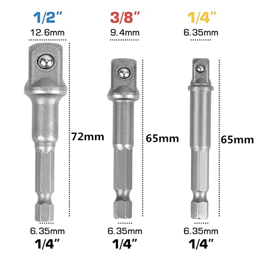 JPT Chrome Vanadium Steel 3 Pcs Socket Adapter Set Hex Shank To 1/4, 3/8, 1/2 Inch Impact Driver Drill Bits - Image 2