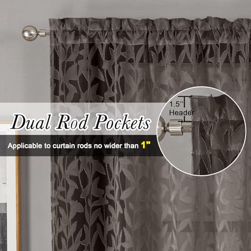 Lecloud Leia Sheer Chocolate Brown Window Curtains for Kitchen 14 Inch Length 2 PCS, Dual Rod Pockets Window Living Room Curtain Valance, Jacquard Clip Textured Leaf Short Bedroom Drapes, 38 W x 14 L - Image 2