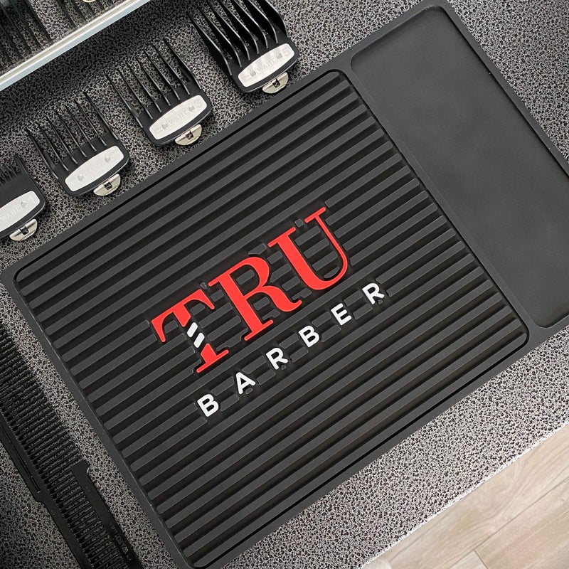 TRU BARBER ORGANIZER MAT 14X 9 BLACKRED Flexible PVC Station Mat Professional Mat Salon and Barbershop work Station pads Beauty salon tools hairstylist Counter mat for clippers Anti slip