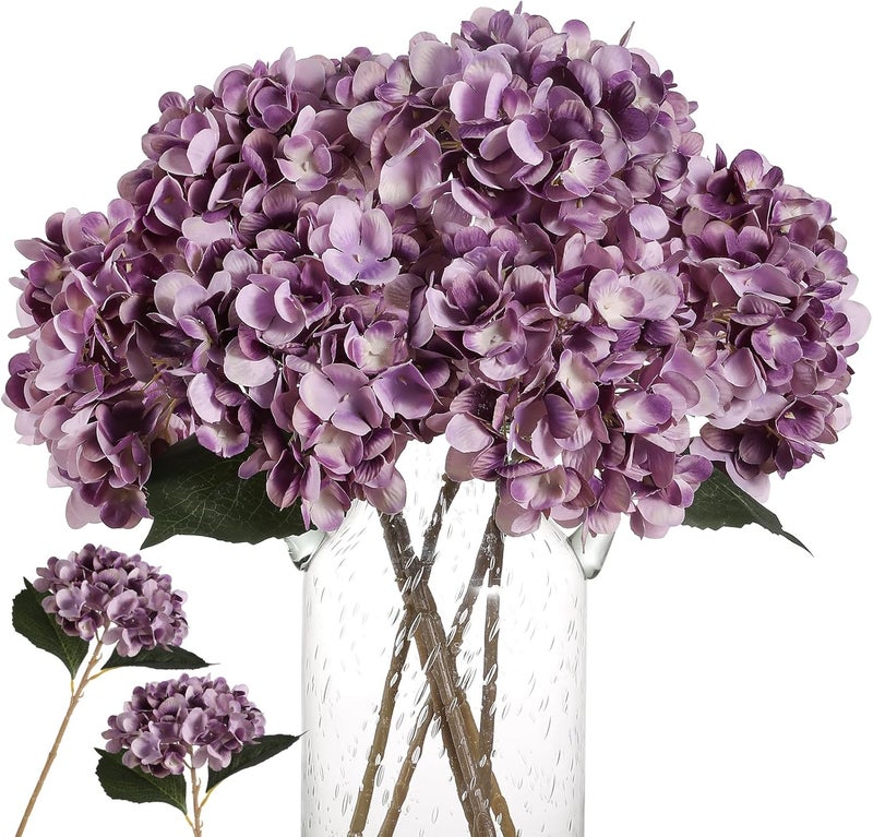 Kisflower كيسفلور 6 قطع زهور هيدرانجيا من الحرير اصطناعية واقعية باقة زهور هيدرانجيا لحفلات الزفاف والمكاتب وديكور المنزل (أرجواني) - Image 1