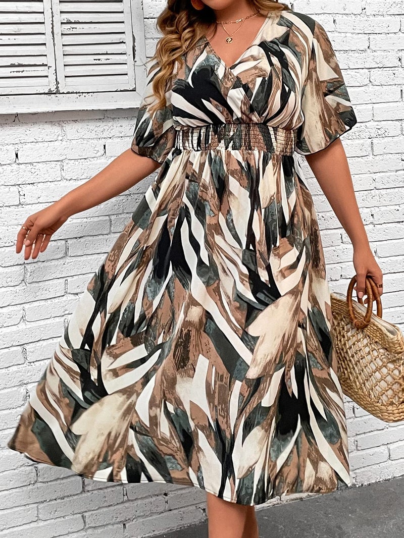 Floerns Women's Plus Size Boho Hawaiian Tropical Dresses V Neck Short Sleeve Floral A Line Long Dress Vacation Beach Outfits Brown Multi 3X-Large Plus - Image 4