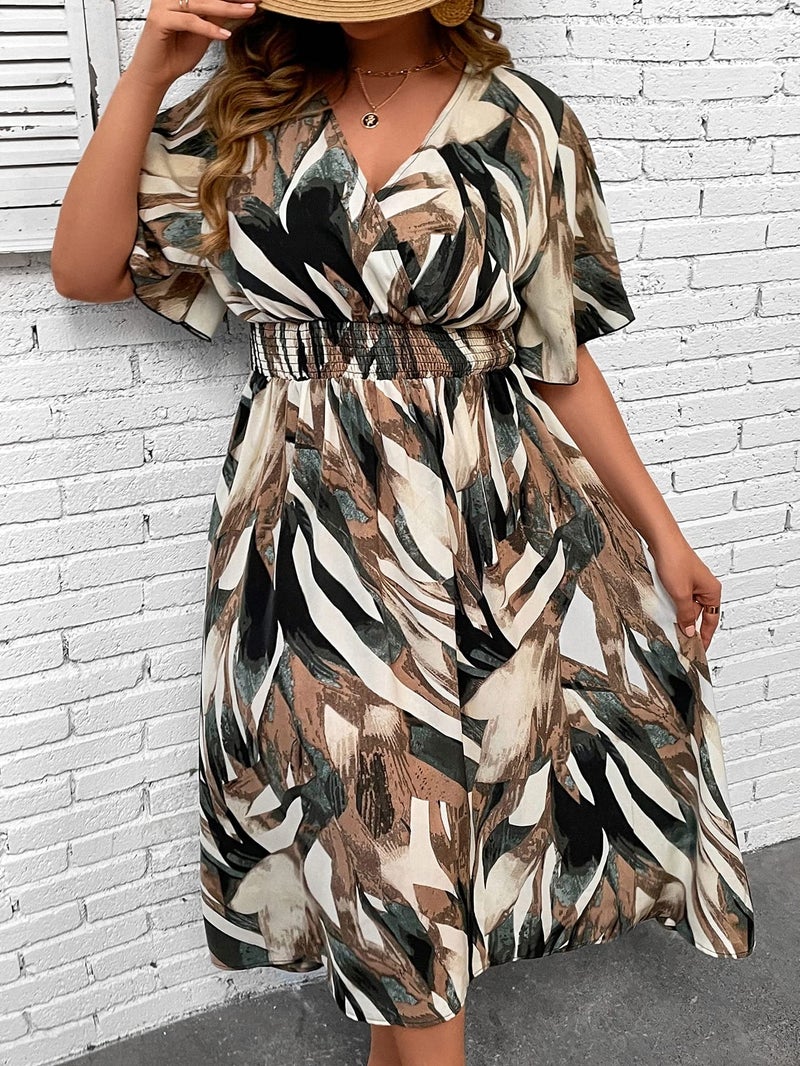 Floerns Women's Plus Size Boho Hawaiian Tropical Dresses V Neck Short Sleeve Floral A Line Long Dress Vacation Beach Outfits Brown Multi 3X-Large Plus - Image 3