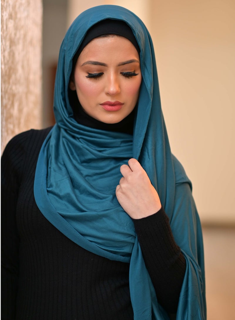 سكاي كشمير  وشاح شيلة حجاب جيرسي مطاطي ممتاز - أزرق مخضر - Image 1