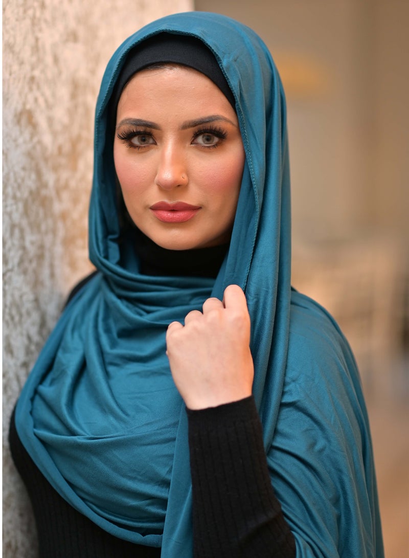 سكاي كشمير  وشاح شيلة حجاب جيرسي مطاطي ممتاز - أزرق مخضر - Image 2