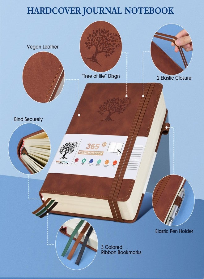 PERCUN A5 Lined Journal Notebook - 365 Page Leather Journals for Writing Women & Men，Hardcover Notebook with 100Gsm Thick Pages，Daily Diary for Travel, Work，School，Note Taking，College Ruled (5.9" x 8.5") - Image 3