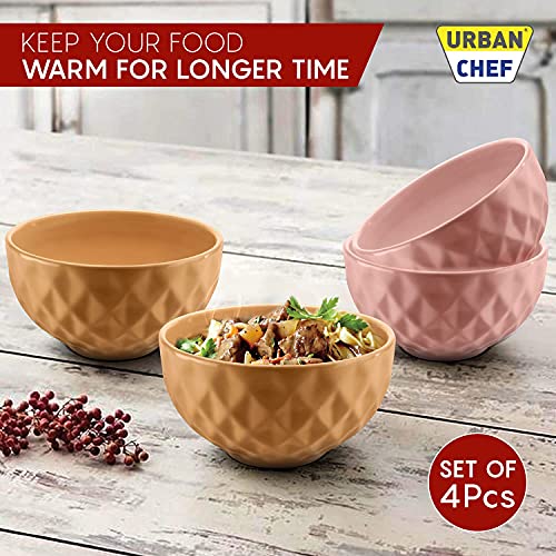 URBAN CHEF Ceramic Bowls | 500 ML | Kitchen Accessories Items, Microwave Safe Bowl, Serving Bowl, Bowl Set, Bowls for Kitchen, Mixing Bowl, Prism Ceramic Handcrafted (Set of 4 - Peach & Mustard) - Image 4