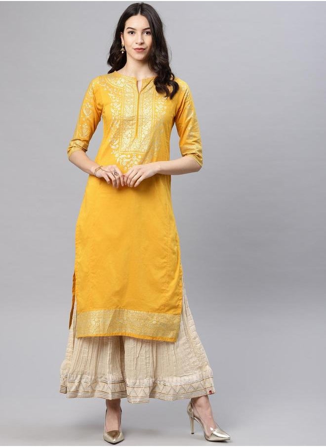 Vishudh Women Mustard & Gold-Toned Solid Straight Kurta by Styli  - Image 1