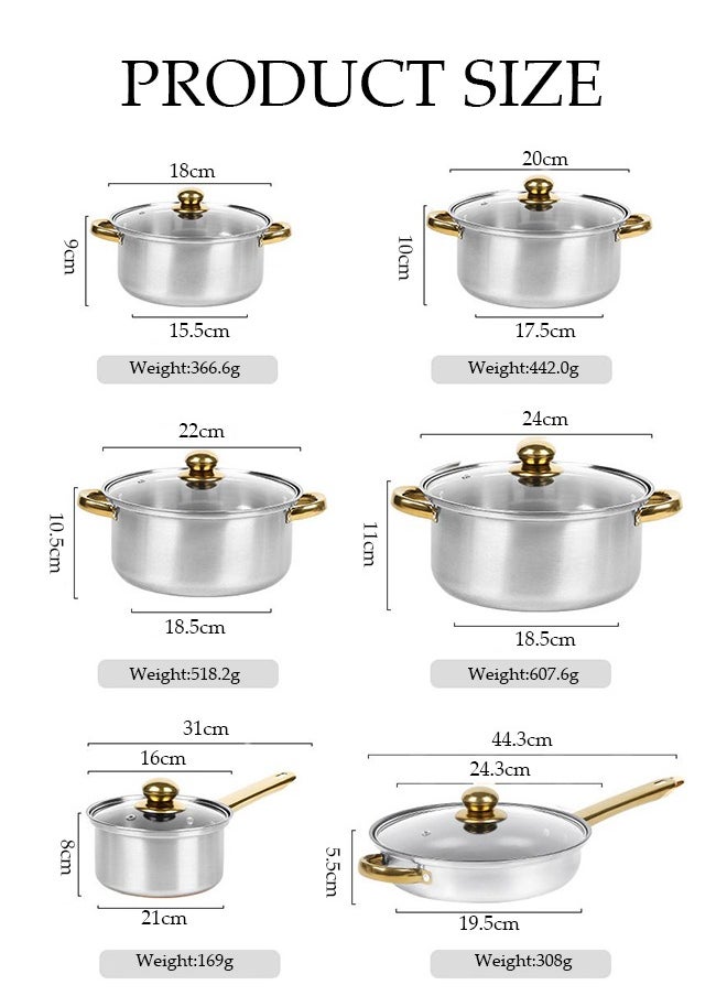 DUNISO 12 Pcs Stainless Steel Cookware, Non Stick Household Kitchen Pot, Ergonomic Gold-Plated Handle, Easy To Clean, Stackable, With Kettle, Frying Pan, Soup Pot And Milk Pot, Suitable For Induction Cookers, Dishwashers, Ovens  - Image 2